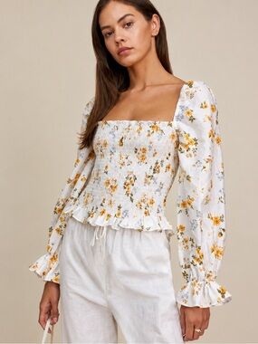 NWT Linen - Reformation Tangerine Smocked Square Neck Top in Tansy Sz Small